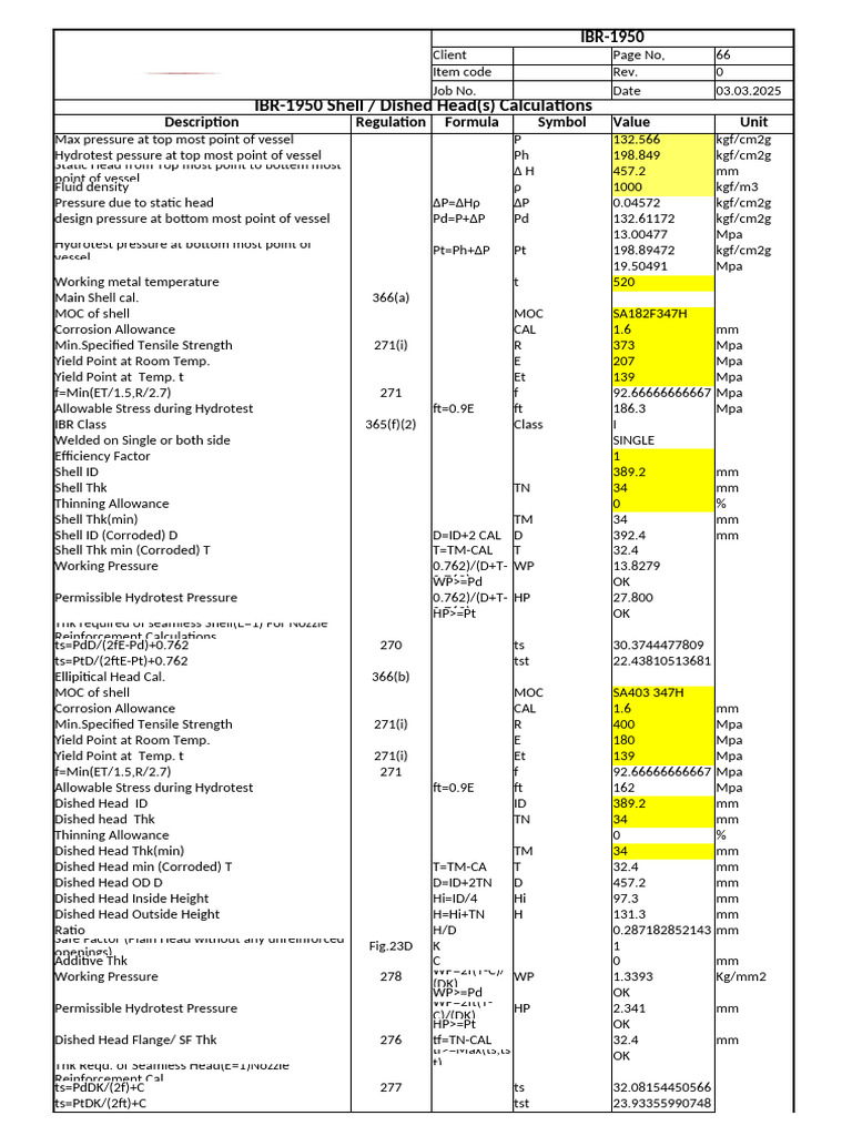 IBR-1950 Vessel Pressure Calculations | PDF | Pressure | Yield ...
