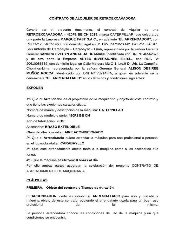 Contrato de Alquiler de Retroexcavadora | PDF | Ley de obligaciones ...