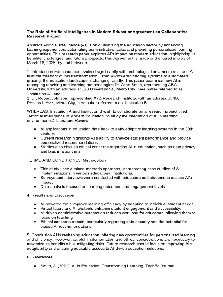 The Role of Artificial Intelligence in Modern EducationAgreement On ...