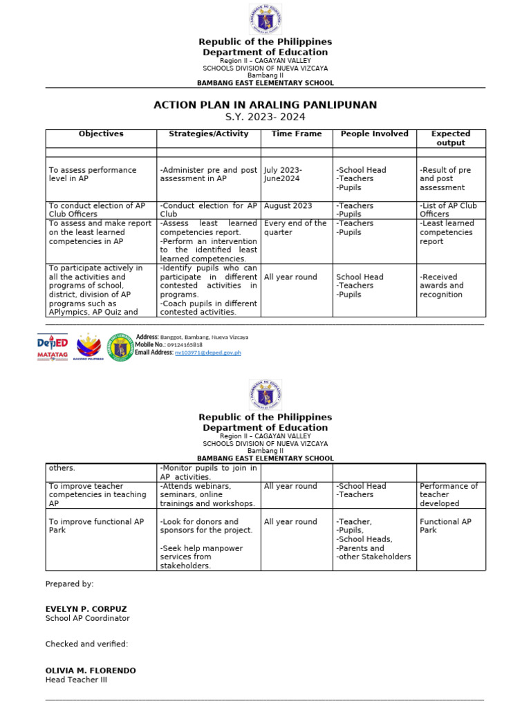 Araling Panlipunan Action Plan 2023-2024 | PDF | Learning