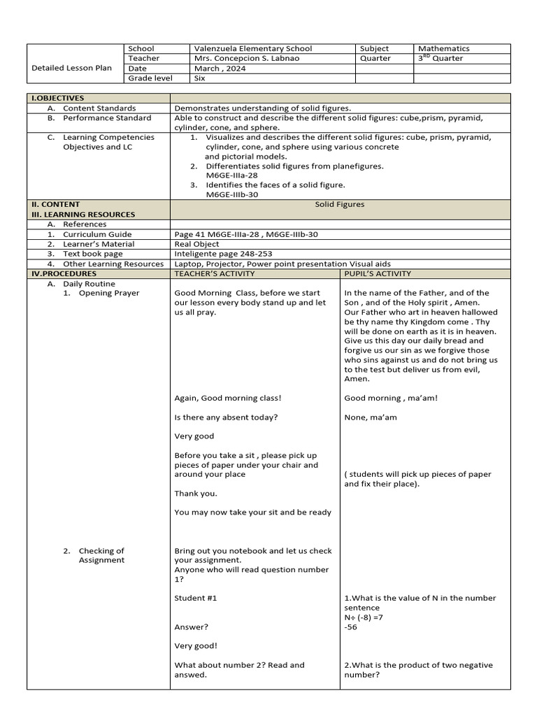 Solid Figures Lesson Plan for Grade 6 | PDF | Shape | Length