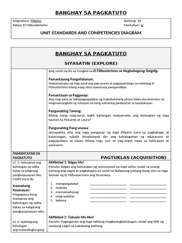 Unit Learning Plan Filipino 10 Q4 | PDF