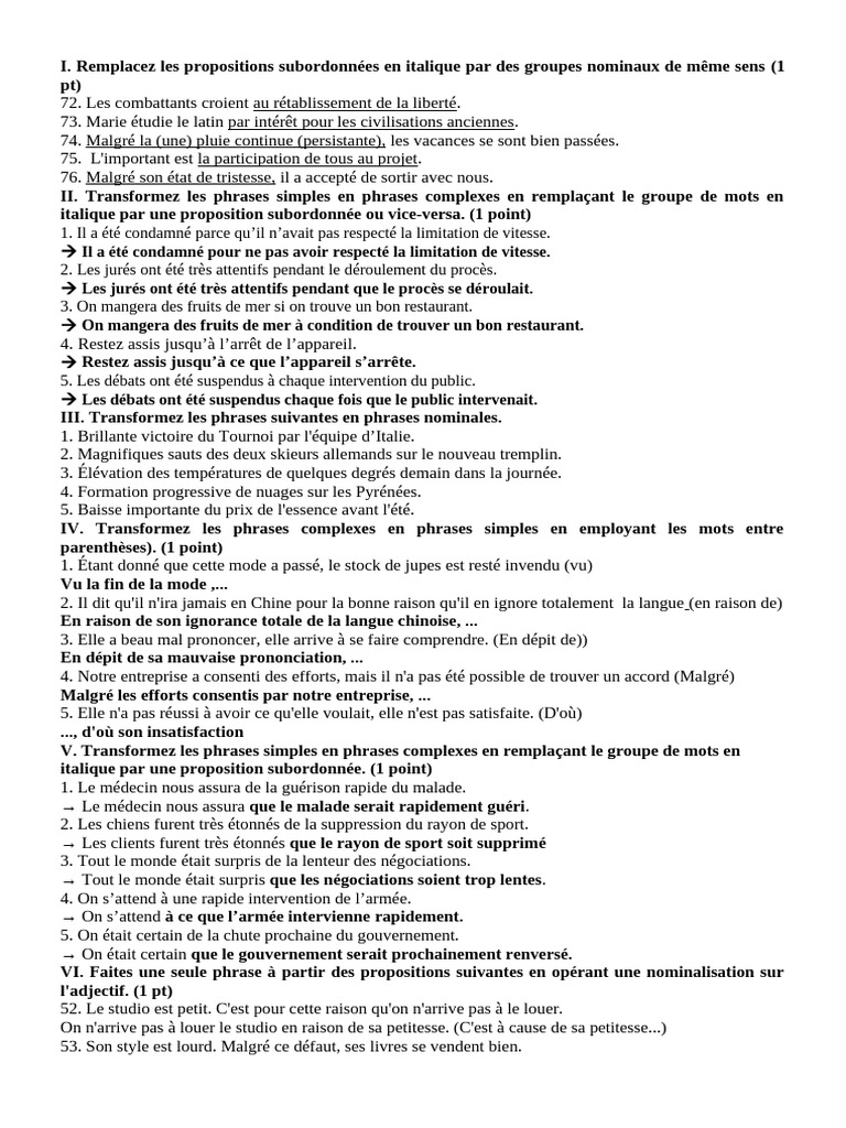 Transformations de phrases en français | PDF