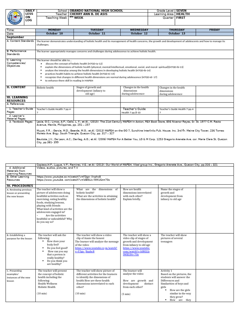 Holistic Health Lesson Plan for Grade 7 | PDF | Adolescence ...