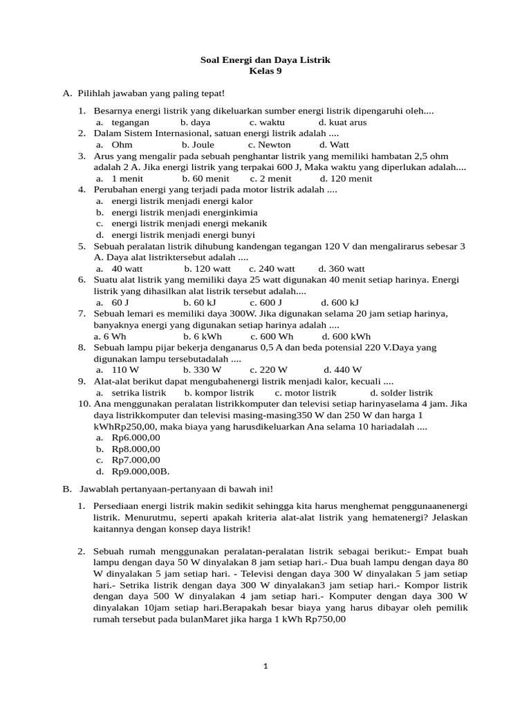 Soal Energi dan Daya Listrik Kelas 9 | PDF