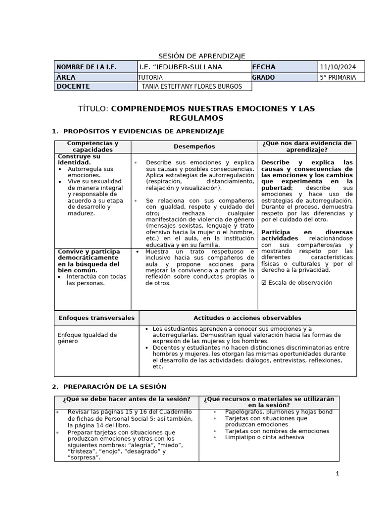 Sesion De Tutoria Emociones Pdf Las Emociones Aprendizaje