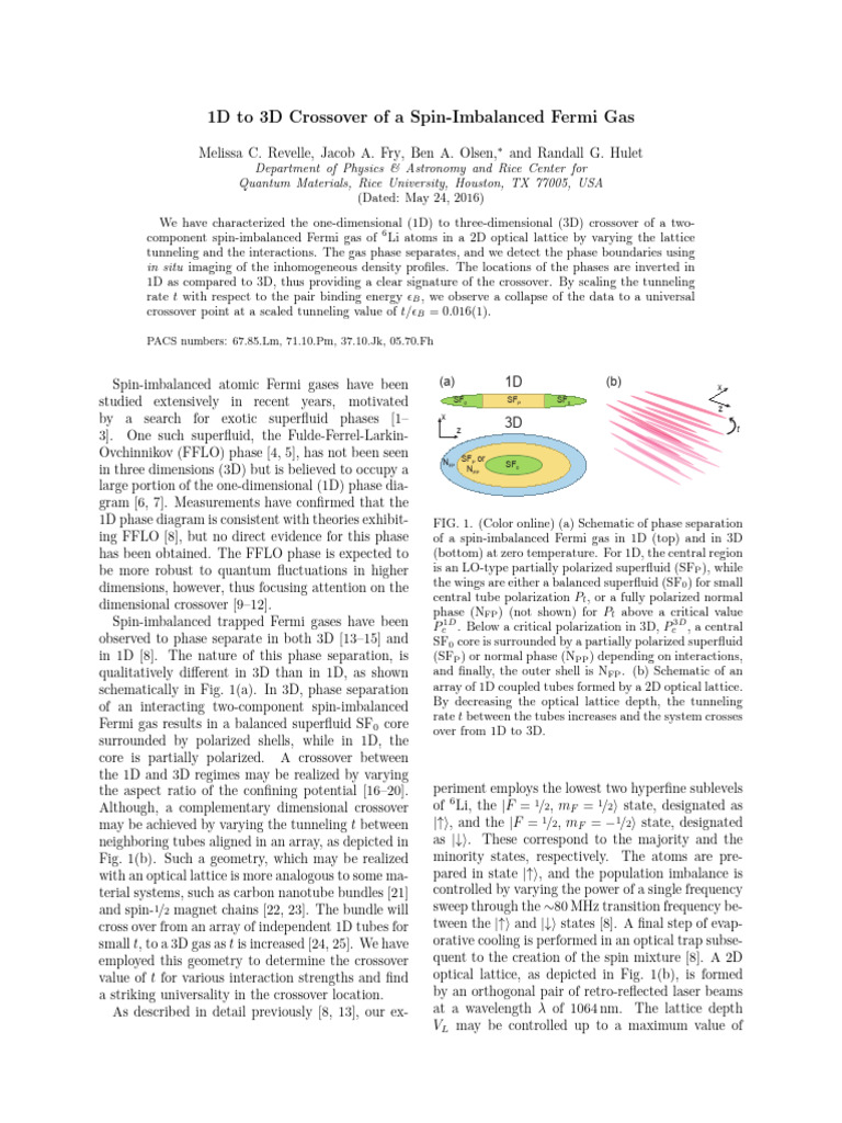 1D To 3D Crossover of A Spin-Imbalanced Fermi Gas | PDF | Gases | Atoms