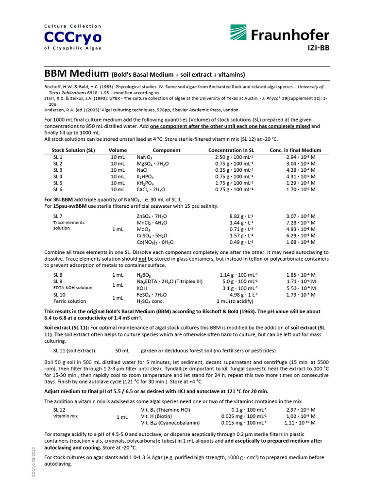 Bold's Basal Medium Composition Guide | PDF | Chemistry