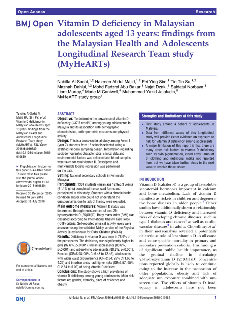 Vitamin D Deficiency in Malaysian Teens | PDF | Body Mass Index