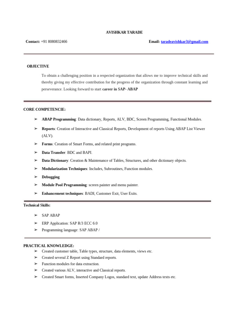 ABAP Fresher CV Format 1 | PDF