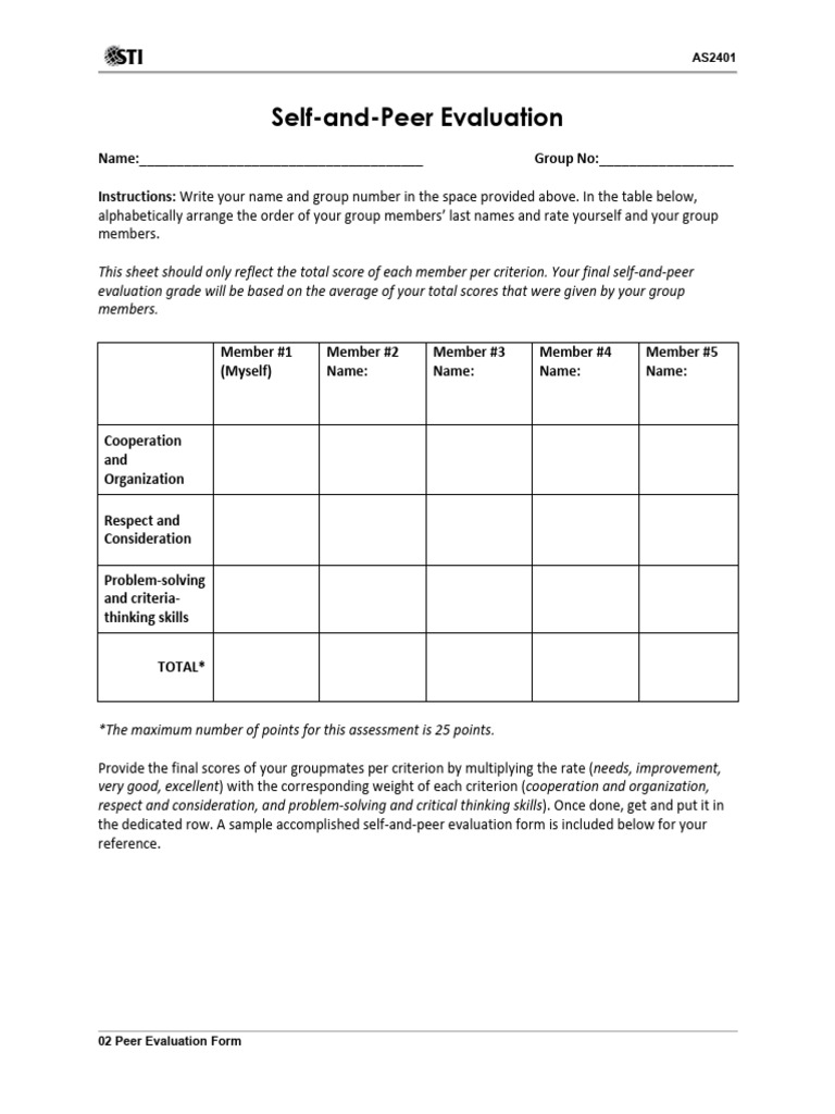 Self and Peer Evaluation Form AS2401 | PDF | Brainstorming | Cognition