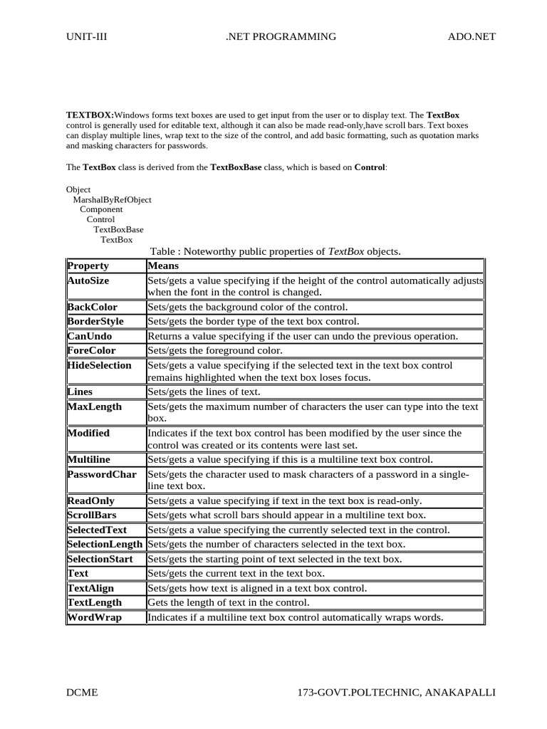 ADO.NET TextBox and Label Controls Guide | PDF | Computing | Computer ...