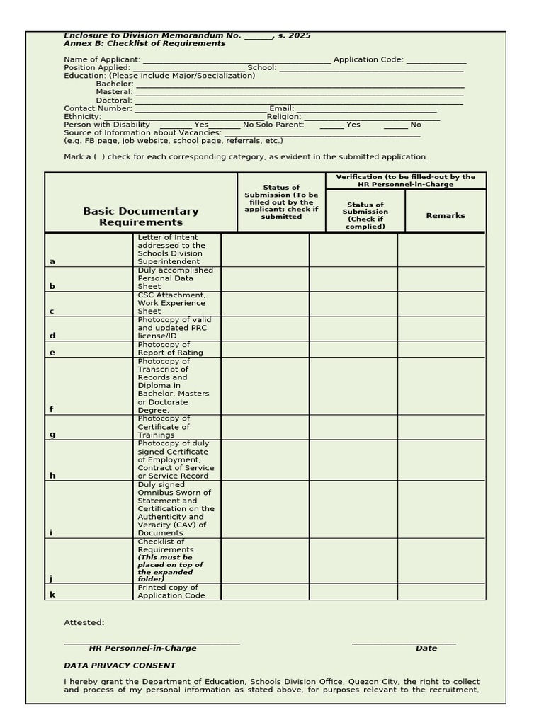 Teacher 1 Application Requirements 2025 | PDF