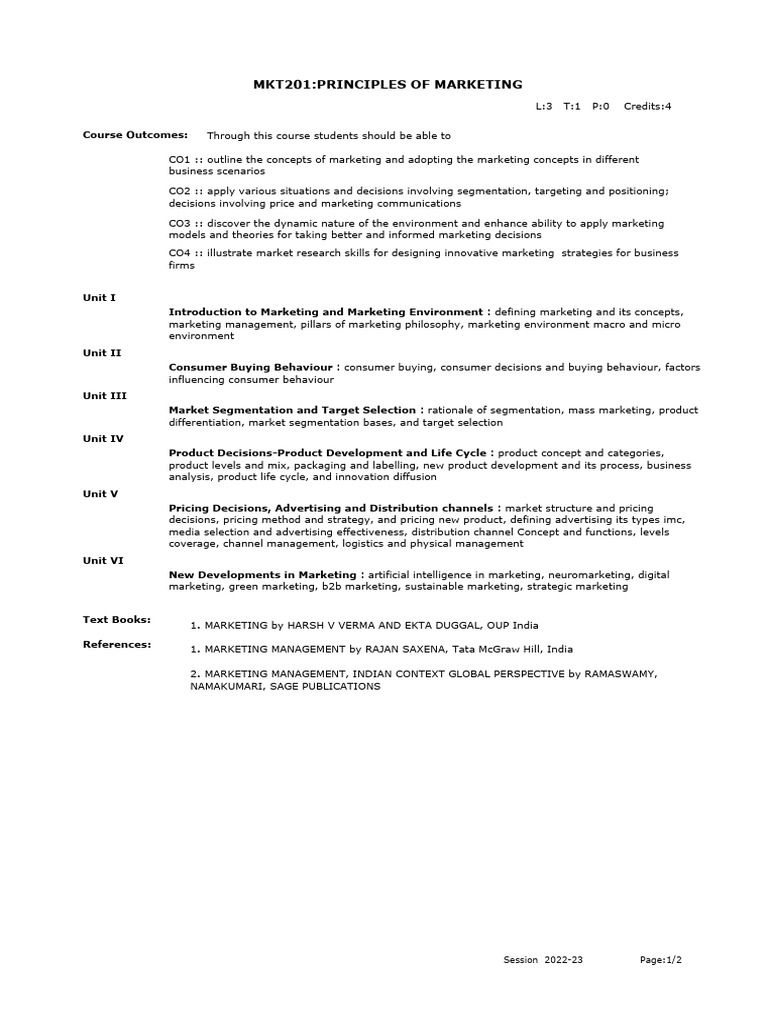 Principles of Marketing Course Syllabus | PDF | Marketing | Market ...