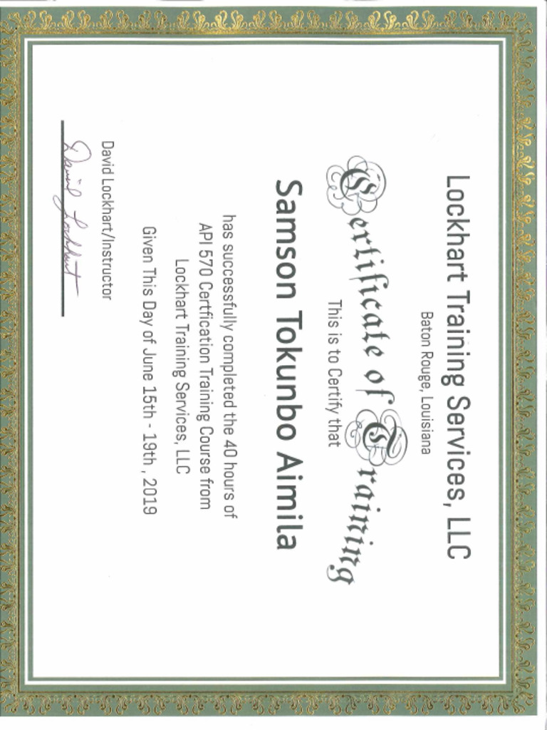 API 570 Certificate of Training - (Lockhart Training Services ...