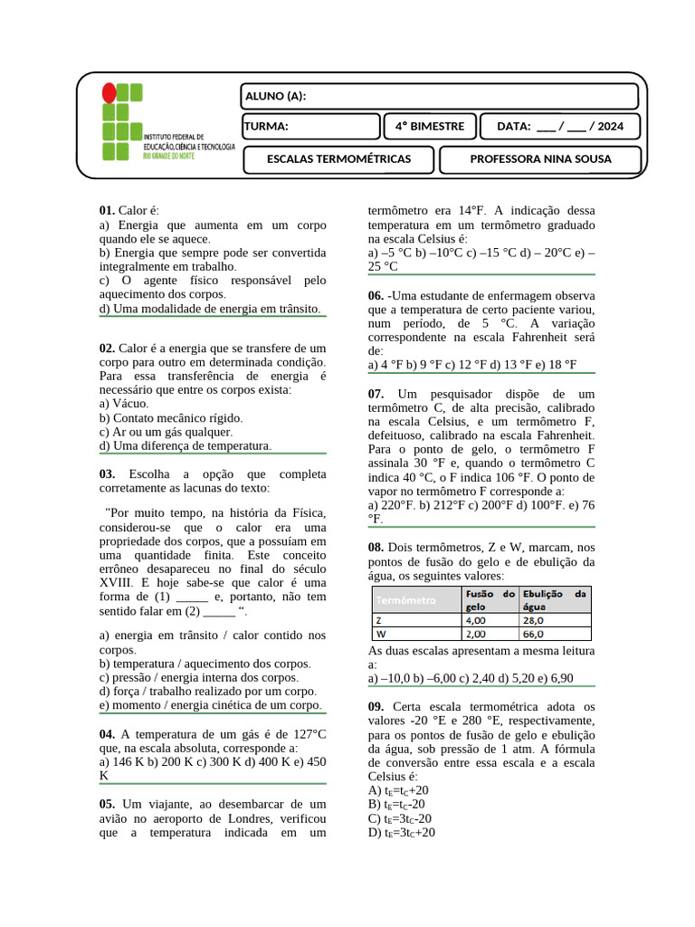 Conceitos e Cálculos de Calor e Temperatura | PDF | Celsius | Termômetro