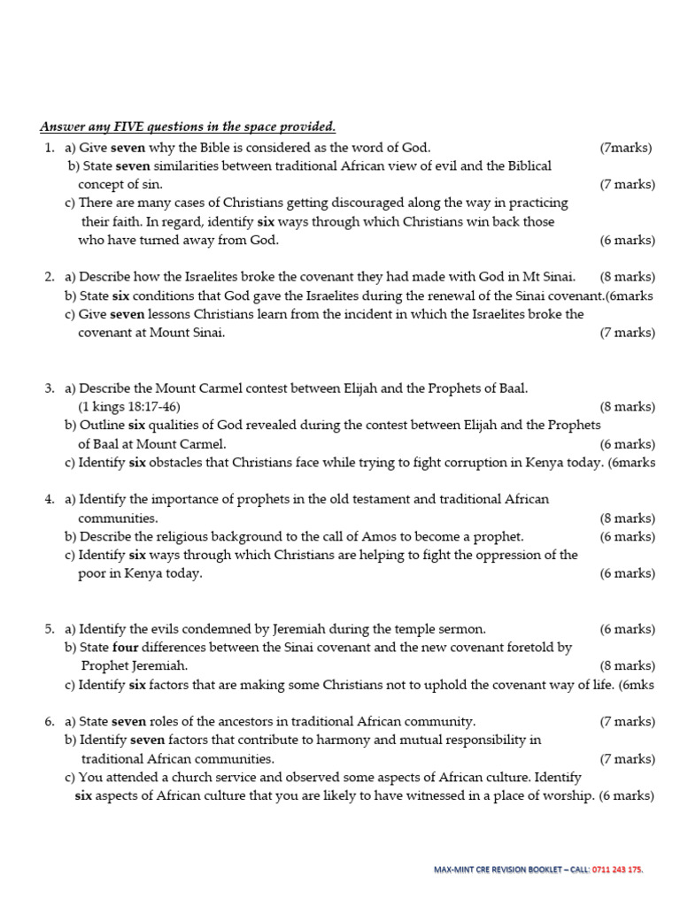 KCSE 2024 CRE Paper 1 Revision Guide | PDF | Jesus | Elijah