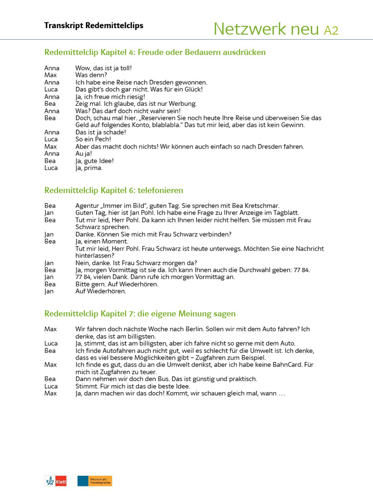 NWneu A2 Transkript Redemittelclips | PDF
