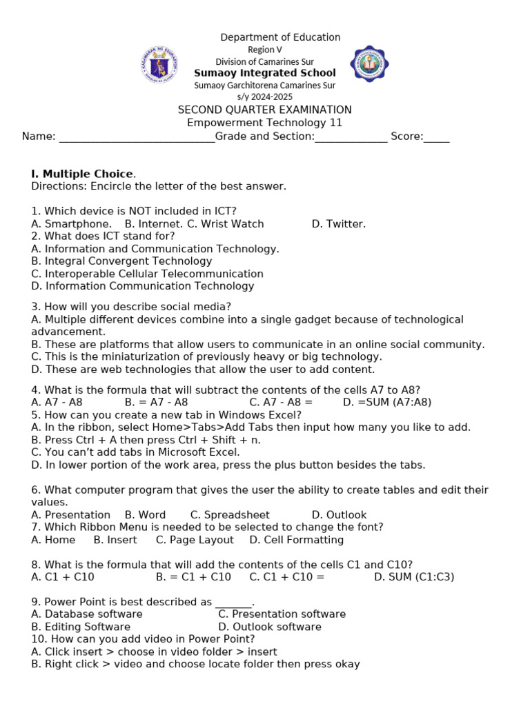 Empowerment Technology Exam Questions | PDF | World Wide Web | Internet ...