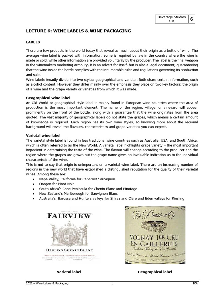 BEV 101 Lecture 6 Wine Labels and Packaging | PDF | Wine | Grape