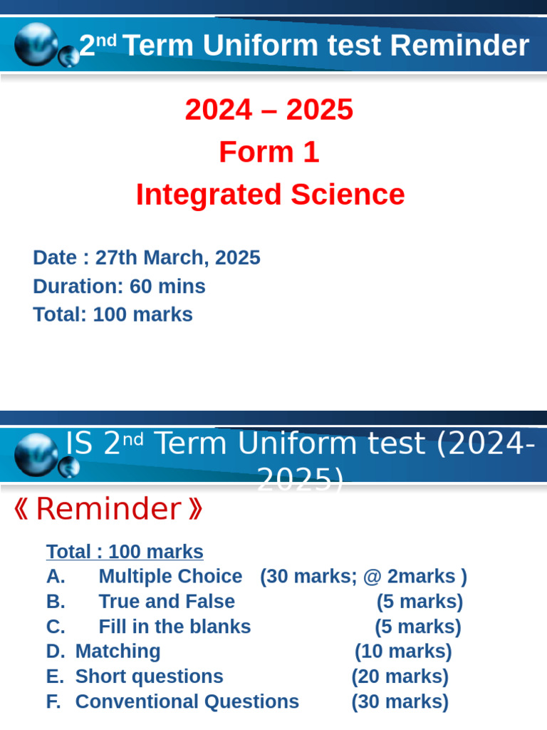 2024-2025 Form 1 Science Test Reminder | PDF