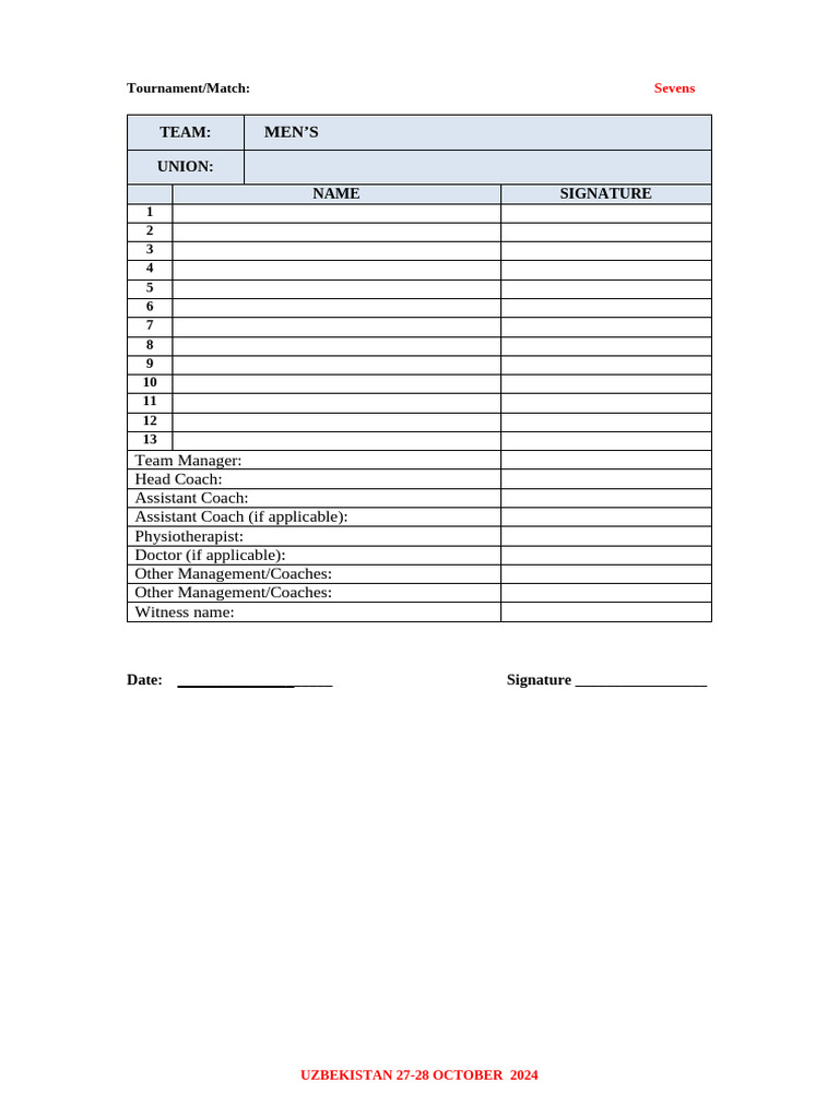 Men'S: Team: Union: Name Signature | PDF