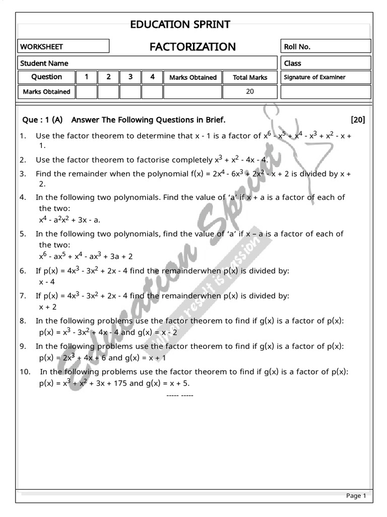FACTORIZATION Worksheet | PDF