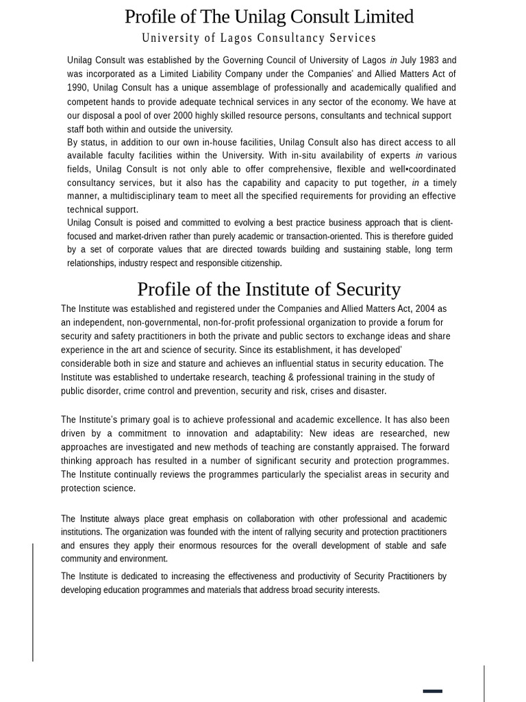 Unilag Consult & Institute of Security Profile | PDF | Curriculum