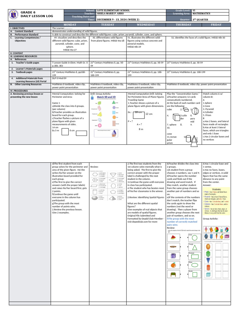 Grade 6 Math Lesson on Solid Figures | PDF | Shape | Area