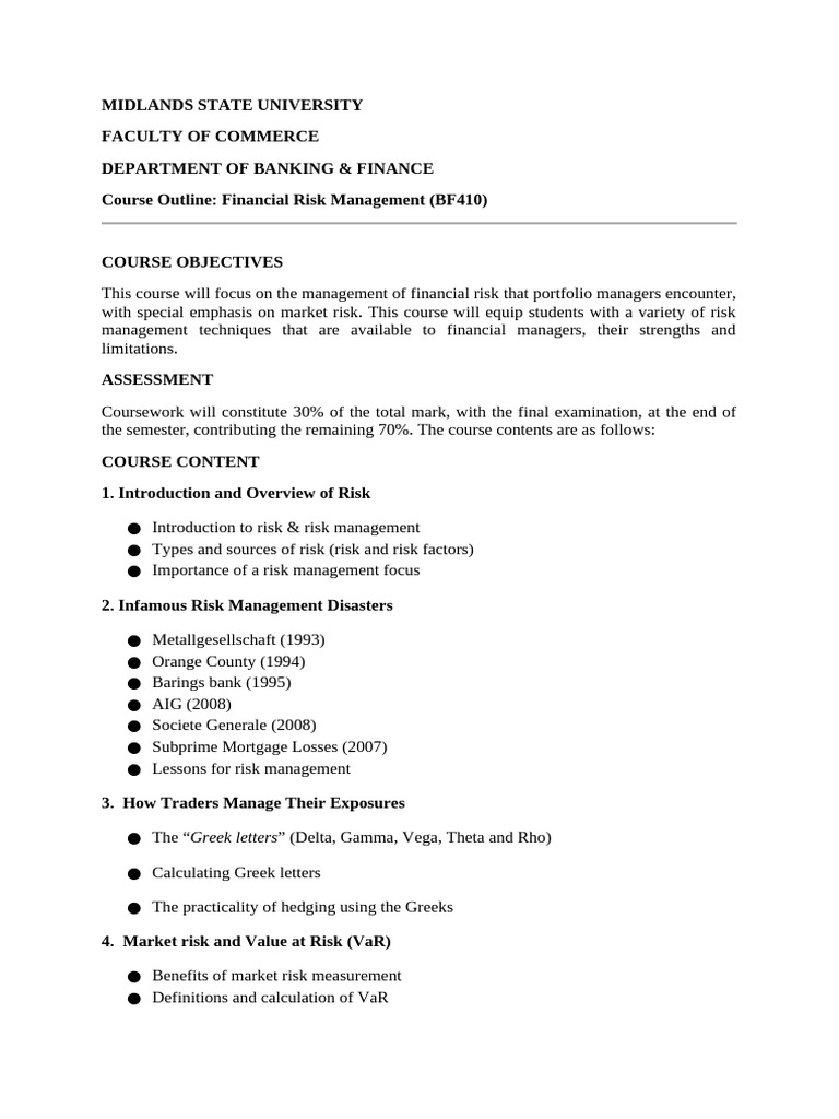 Financial Risk Management Course Outline | PDF | Greeks (Finance) | Risk