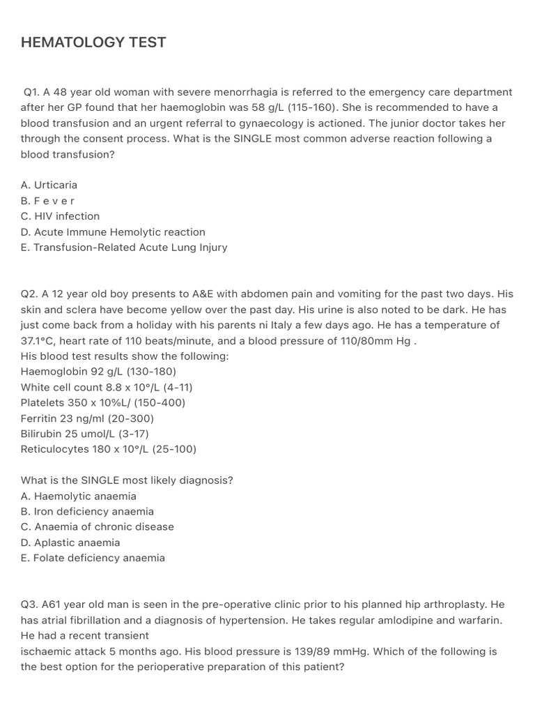 Common Hematology Diagnoses & Treatments | PDF | Anemia | Clinical Medicine