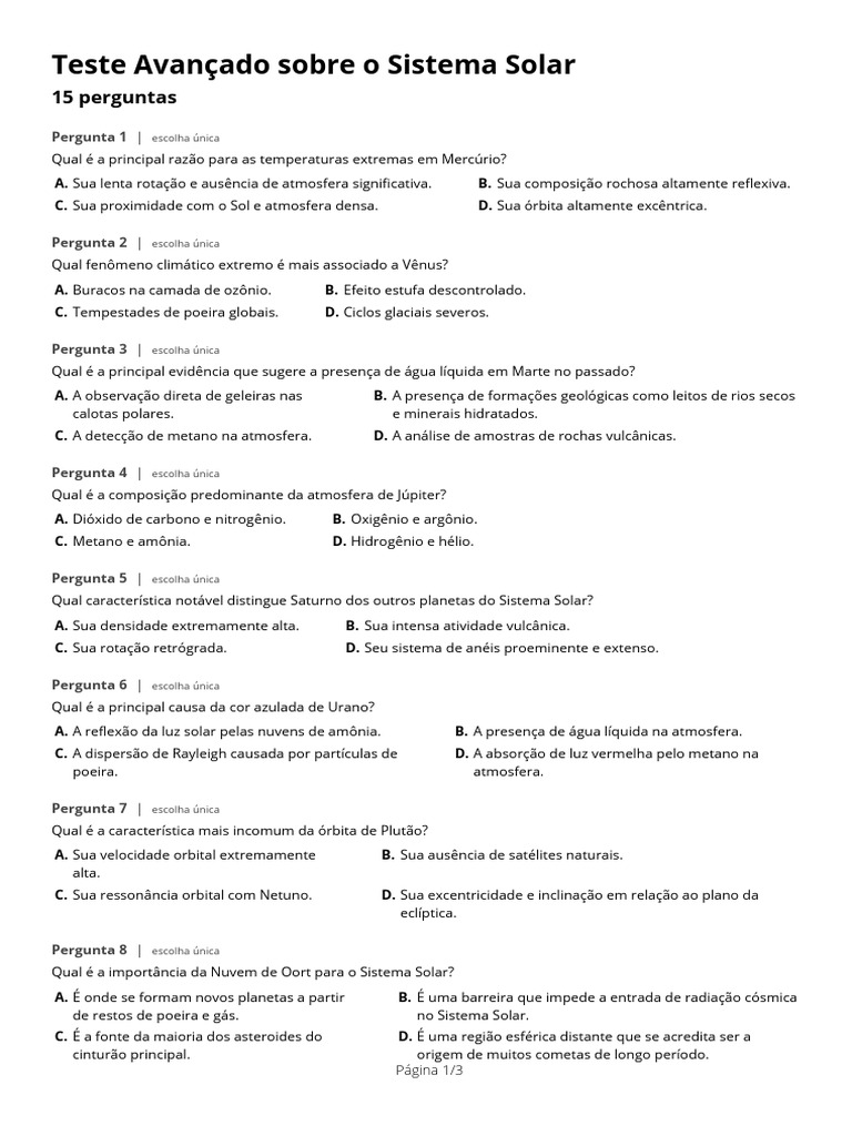 Quiz Avançado sobre o Sistema Solar | PDF | Cometa | Sistema Solar