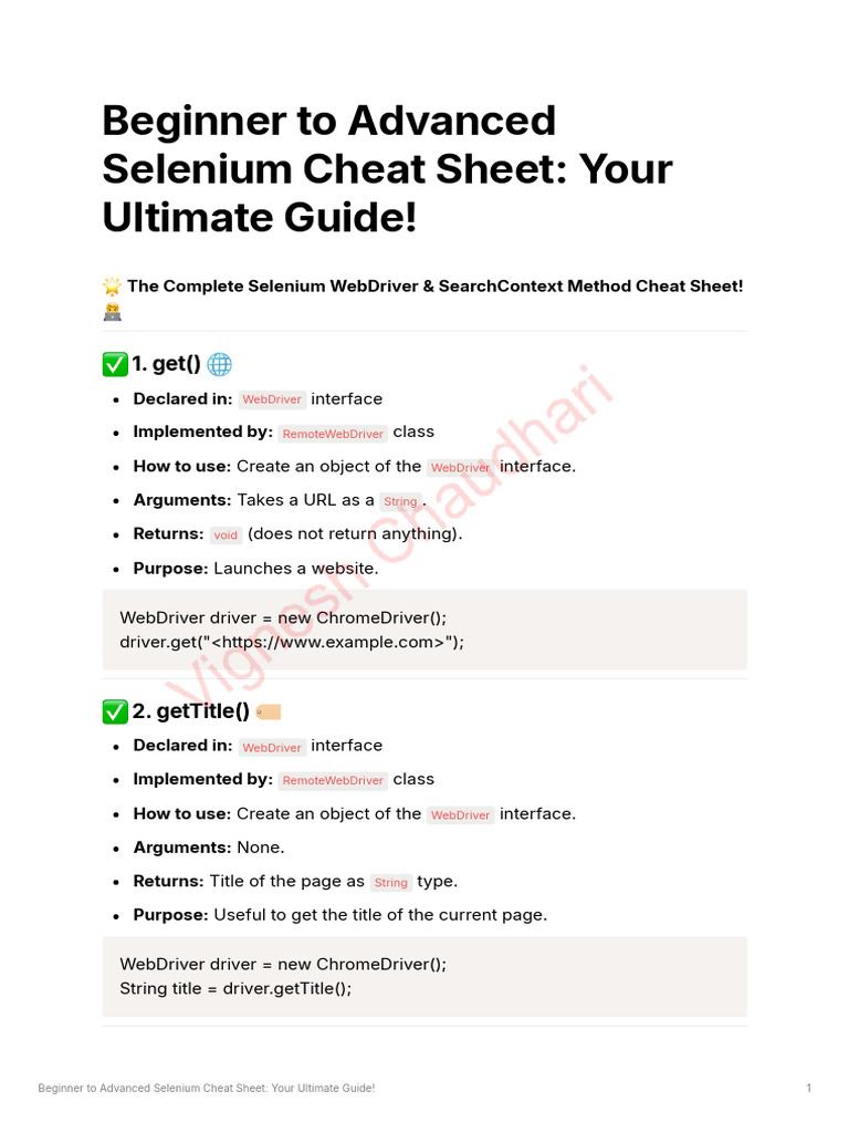 FullBasic to Advanced Selenium Cheat Sheet -1 | PDF | Selenium ...