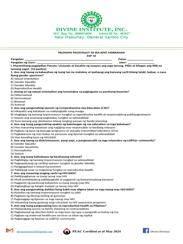 Esp 10 4TH Grading Pre-Test | PDF