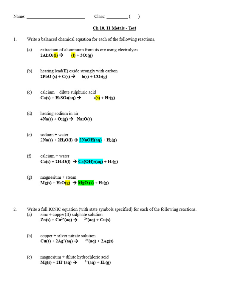 Balanced Chemical Reactions for Metals Test | PDF | Metals | Magnesium