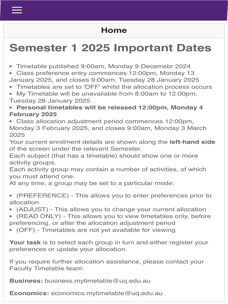 UQ Semester 1 2025 Timetable Dates | PDF