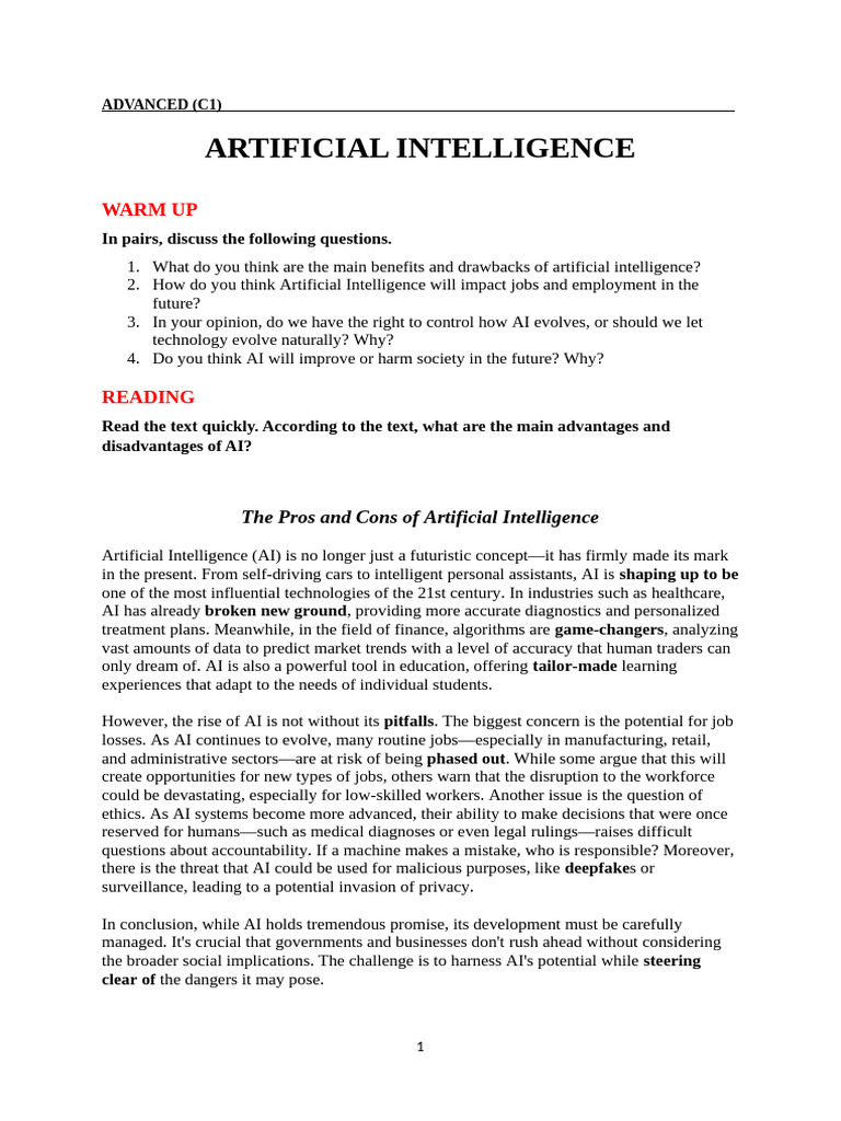 Pros and Cons of Artificial Intelligence | PDF | Artificial ...