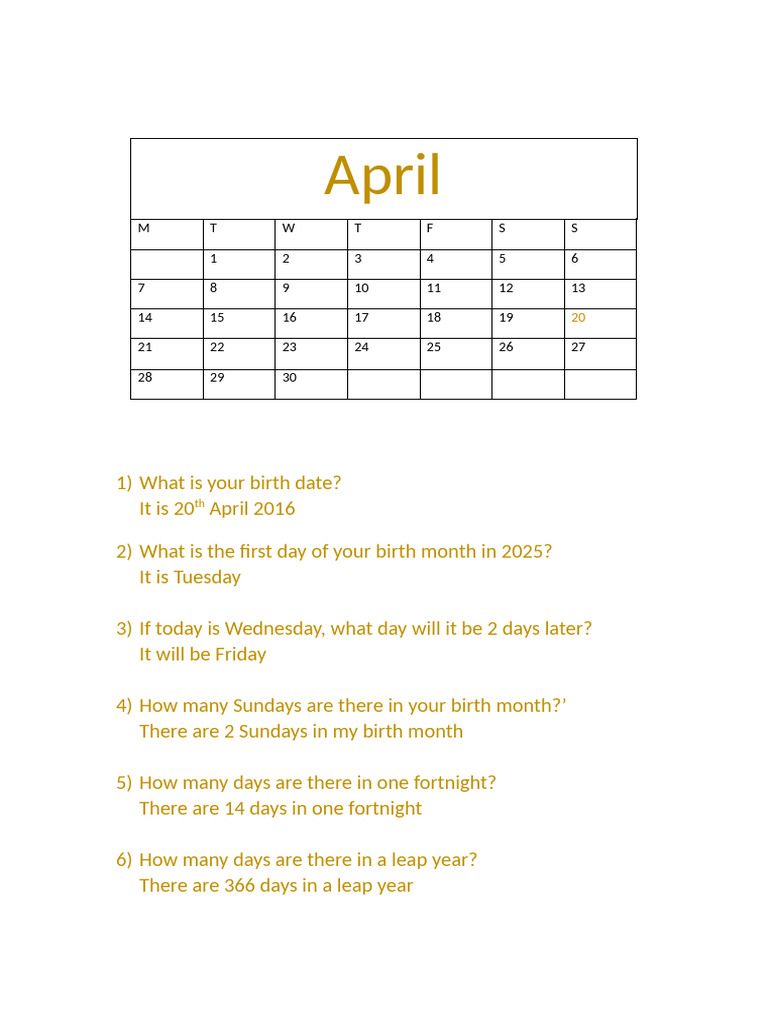 April Days and Fortnight Overview | PDF