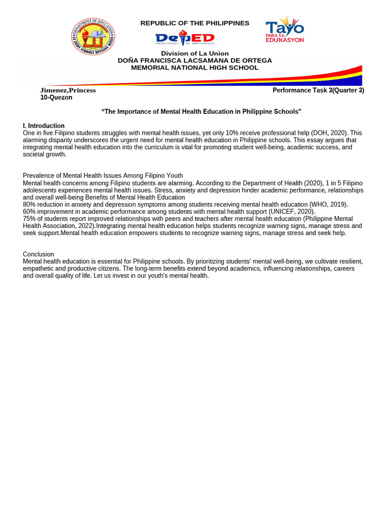 Mental Health Education in Philippine Schools | PDF