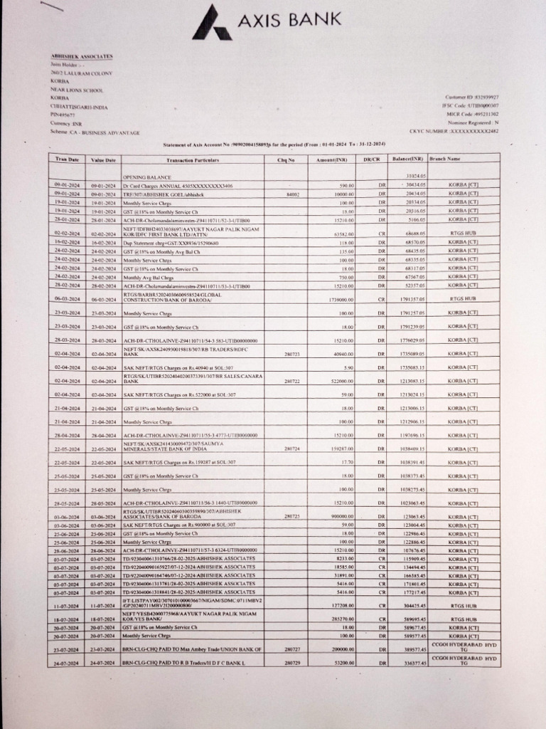 Axis Bank Account Statement 2024 | PDF | Service Industries | Personal ...