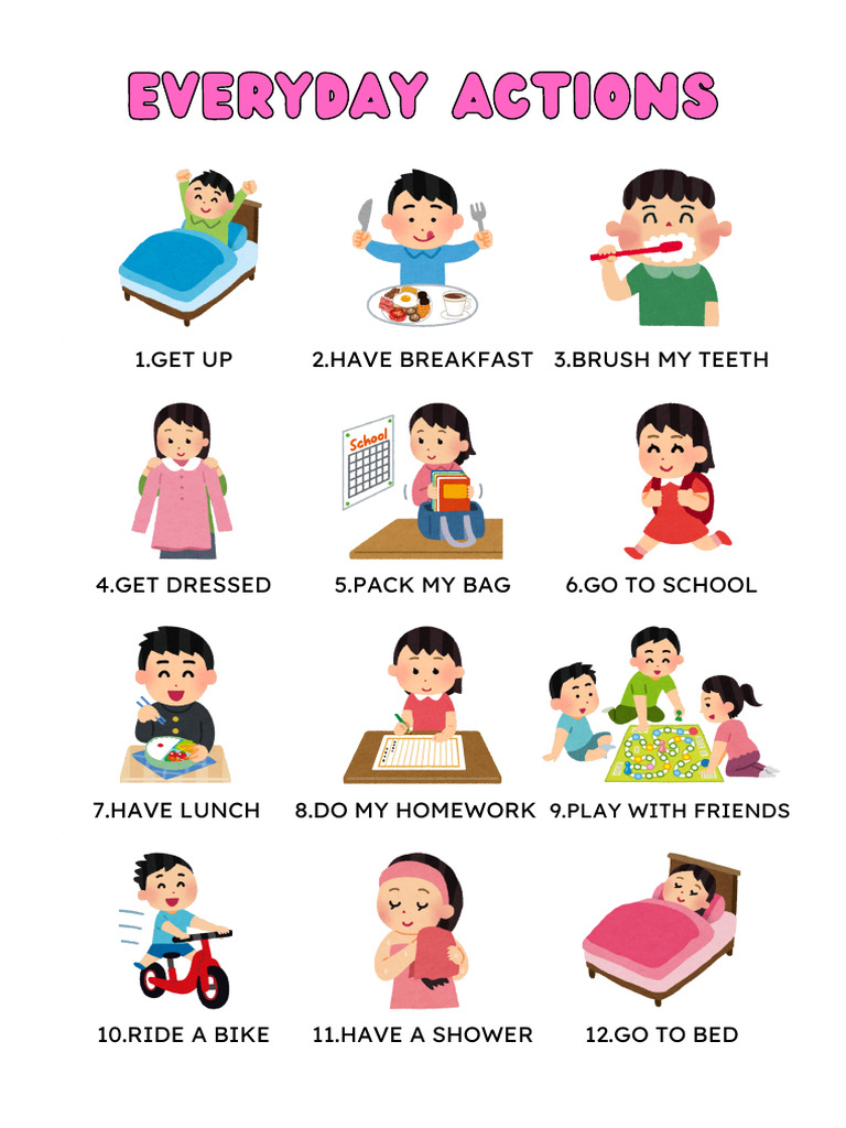 Daily Routine Picture Dictionary Worksheet in Pink Cute Style | PDF