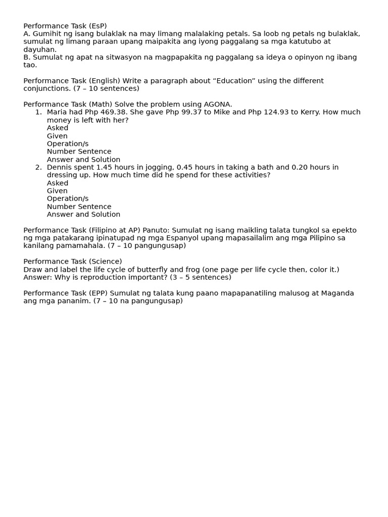 Performance Tasks for Various Subjects | PDF
