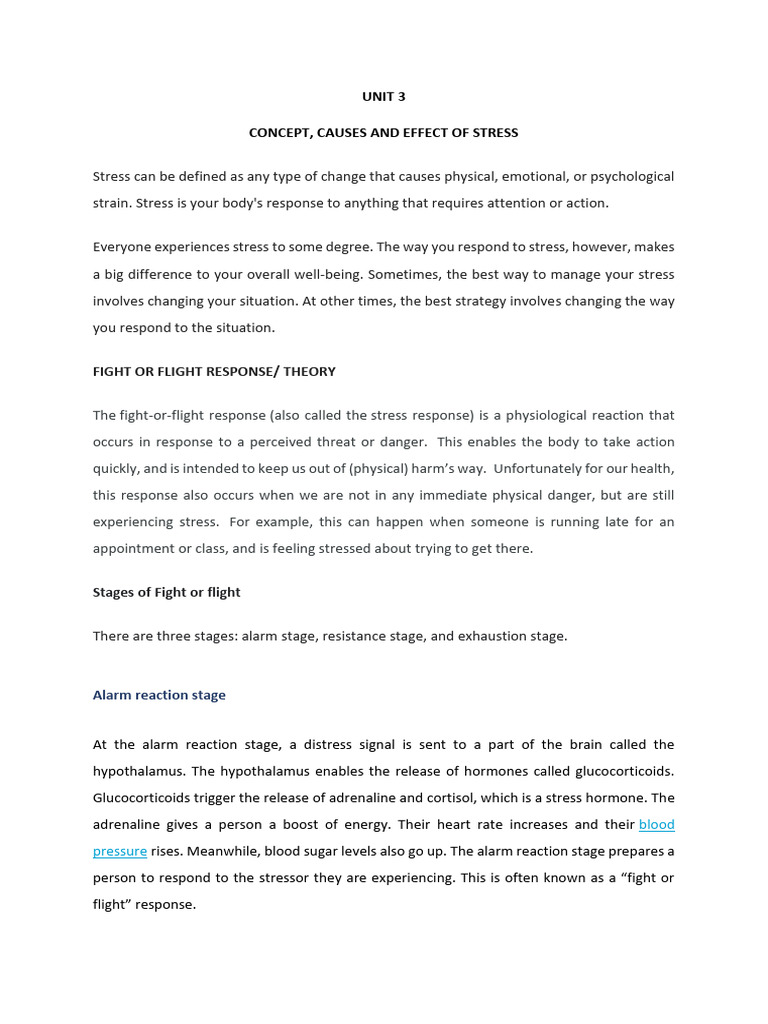 Unit 3 Concept, Causes and Effect of Stress: Fight or Flight Response ...