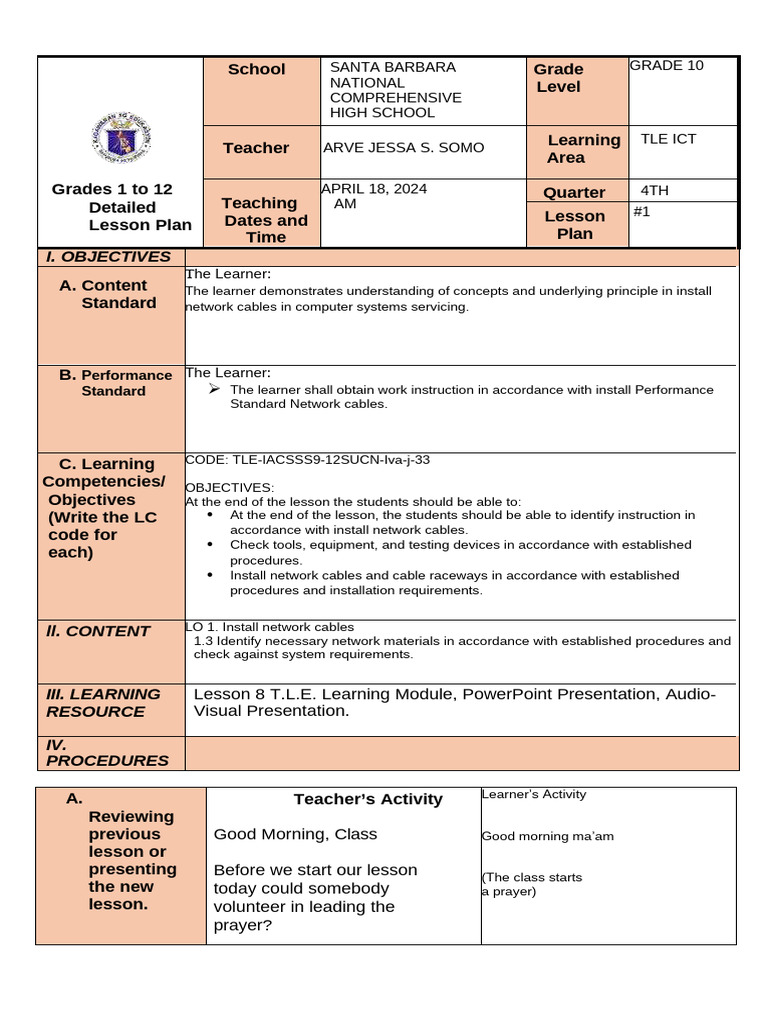 Grade 10 TLE ICT Lesson Plan: LAN Cabling | PDF | Computer Network ...