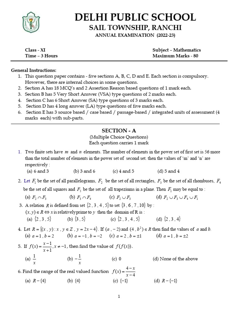 Class XI Mathematics Annual Exam Paper | PDF | Elementary Geometry ...