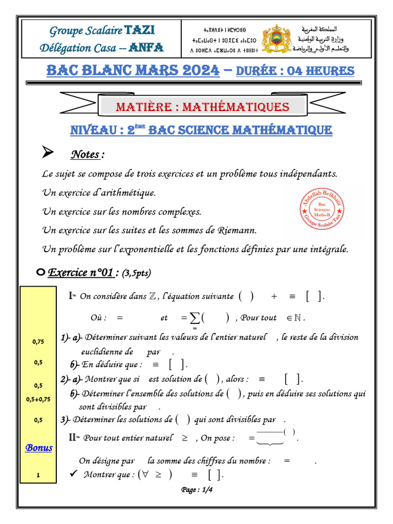 Examen Bac Mathématiques 2024 - 2ème Bac | PDF | Nombre complexe ...