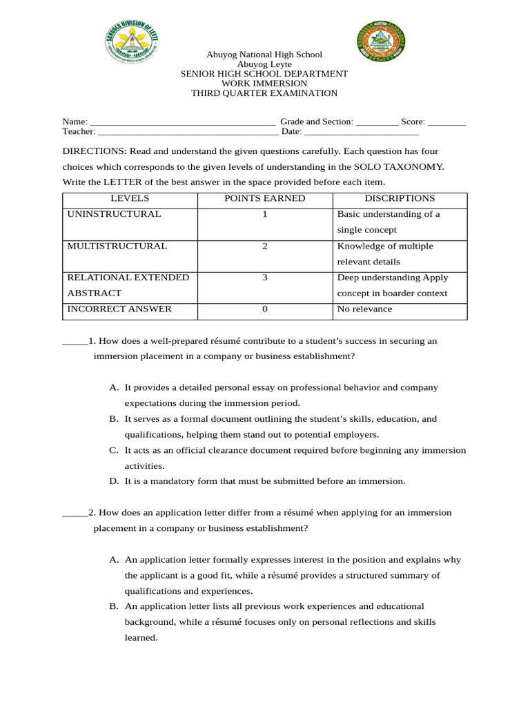 Abuyog Senior High Work Immersion Exam | PDF | Résumé | Evaluation