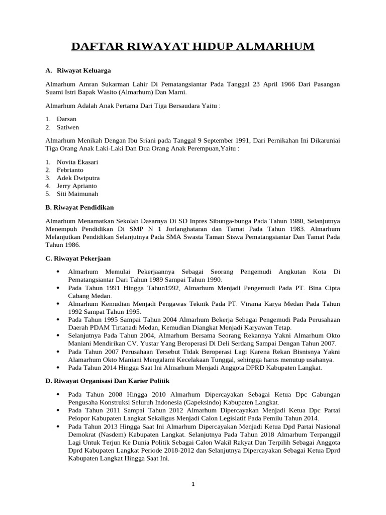 Riwayat Hidup Almarhum Amran Sukarman | PDF