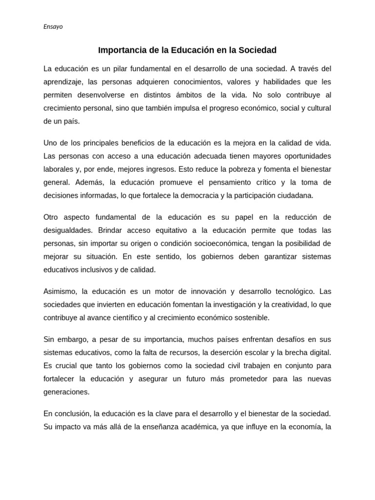 Importancia de la Educación en la Sociedad | PDF