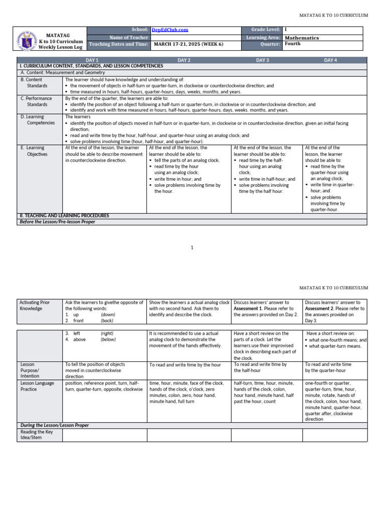 K to 10 Math Lesson Plan: Time & Movement | PDF | Learning ...